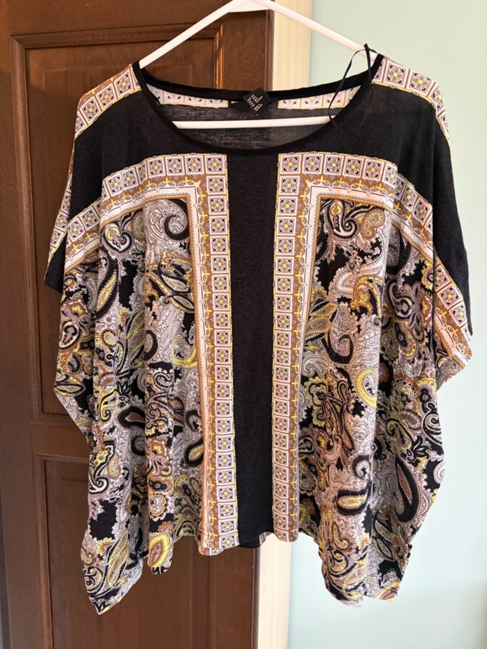 H&M Black Paisley Print Short Sleeve Top with Yellow and Cream Accents